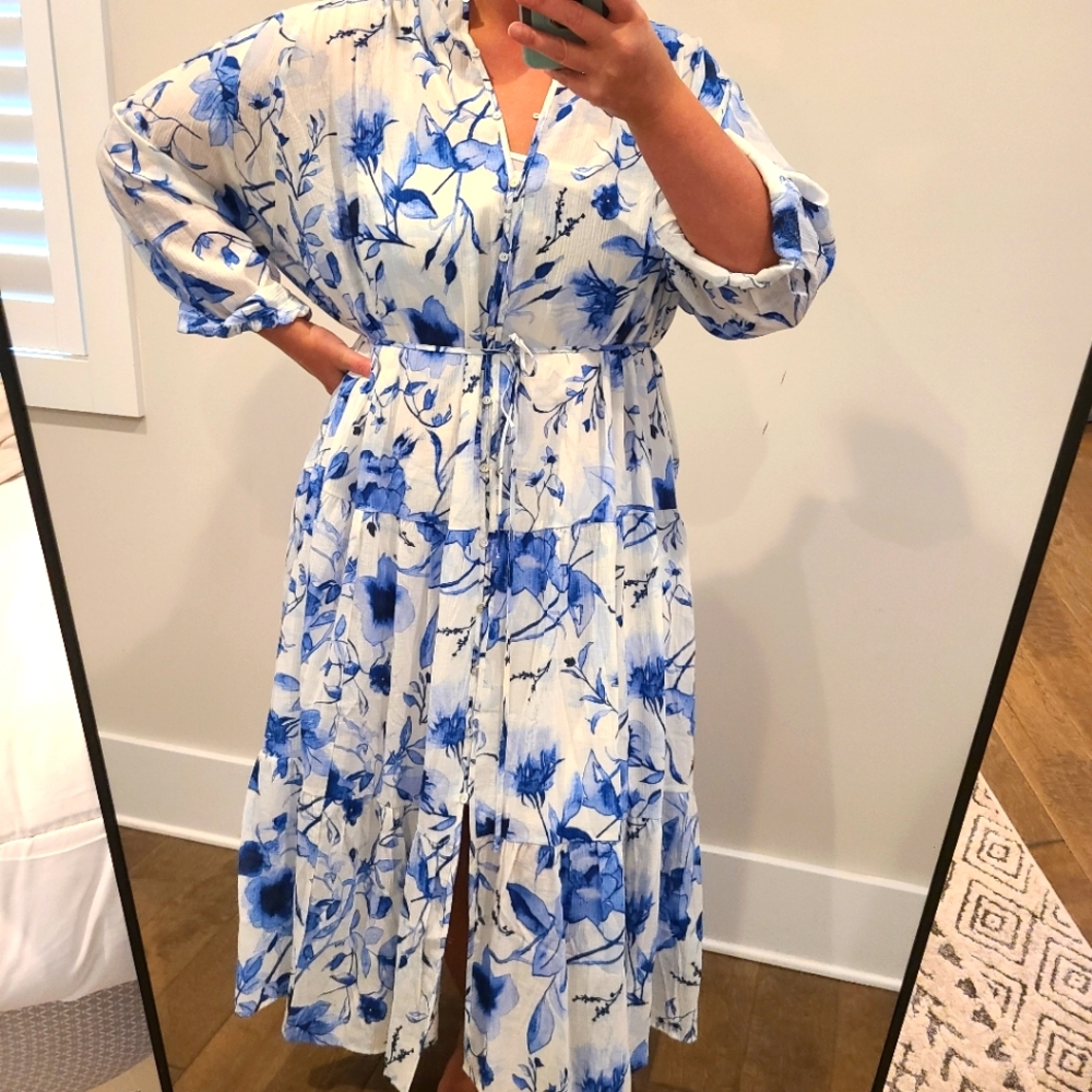 H&M Blue And White Floral Oversized Boho Midi Dress